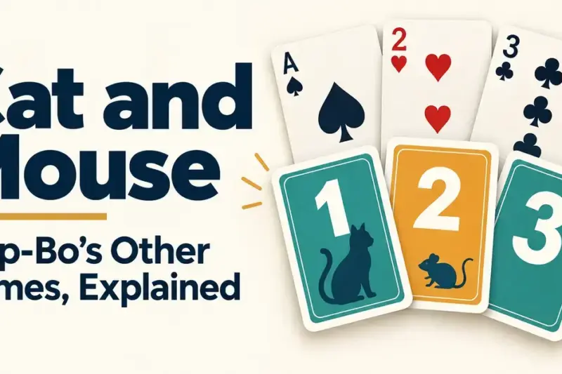 Playing cards and numbered cards with cat and mouse silhouettes illustrate Cat and Mouse and Skip-Bo's other names.