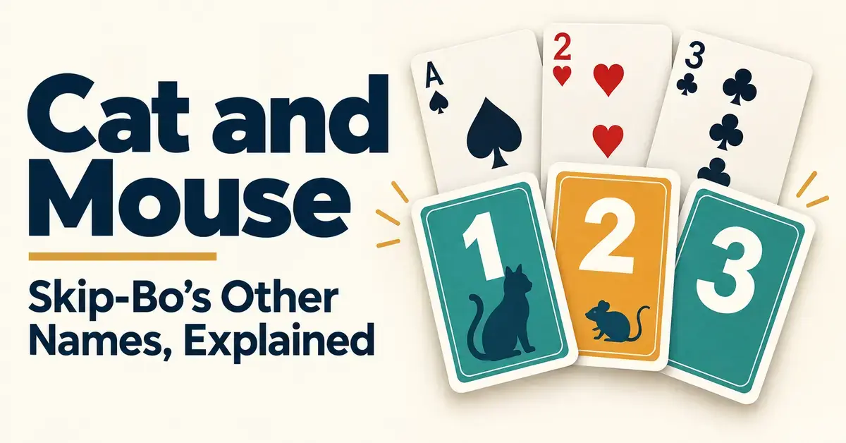 Playing cards and numbered cards with cat and mouse silhouettes illustrate Cat and Mouse and Skip-Bo's other names.