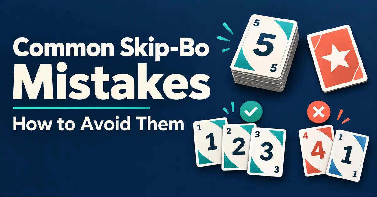 Graphic titled “Common Skip-Bo Mistakes and How to Avoid Them” with numbered cards, a stock pile, a star wild card, and checkmark and cross symbols on a navy background.