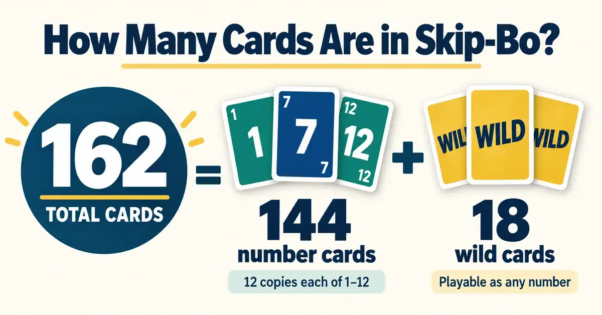Infographic showing that a 162-card Skip-Bo deck contains 144 number cards, with 12 copies each of numbers 1 through 12, plus 18 wild cards playable as any number.