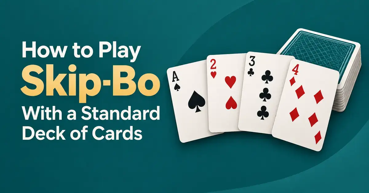 Ace, two, three, and four playing cards beside the title “How to Play Skip-Bo With a Standard Deck of Cards” on a teal background.