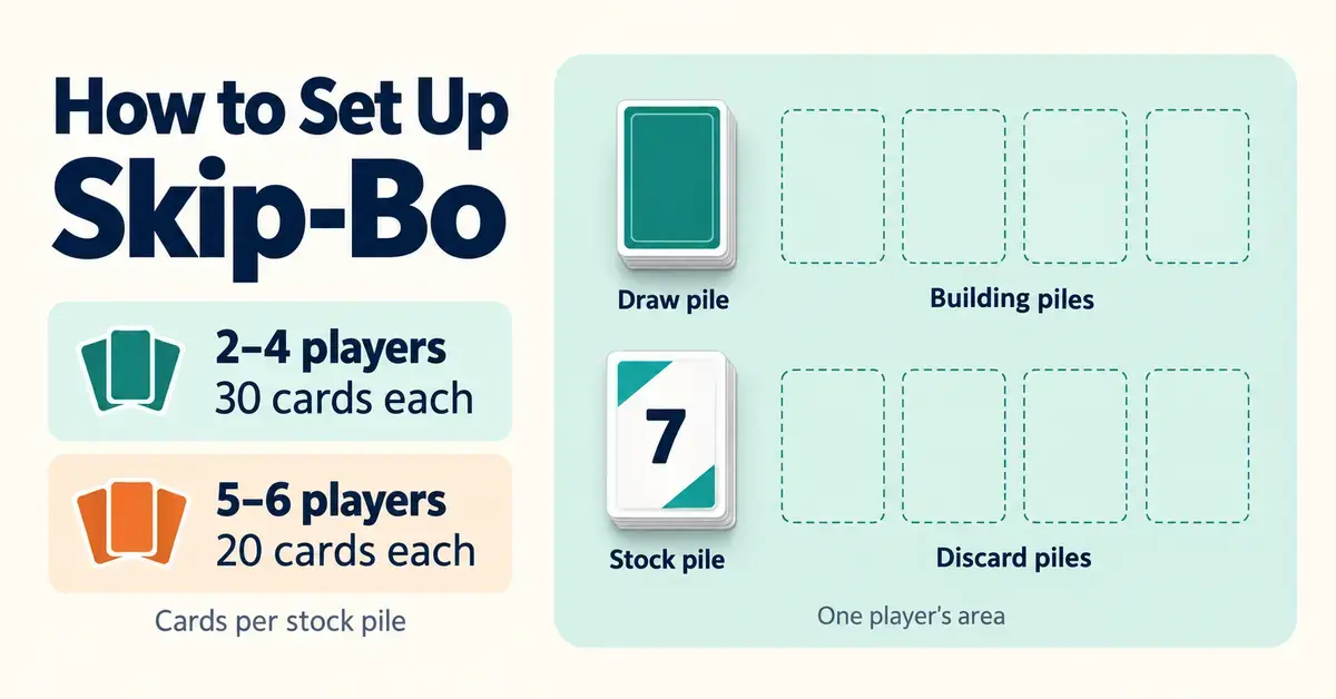 Skip-Bo setup graphic showing 30 stock pile cards each for 2–4 players or 20 each for 5–6 players, with labeled draw, stock, building, and discard pile areas.