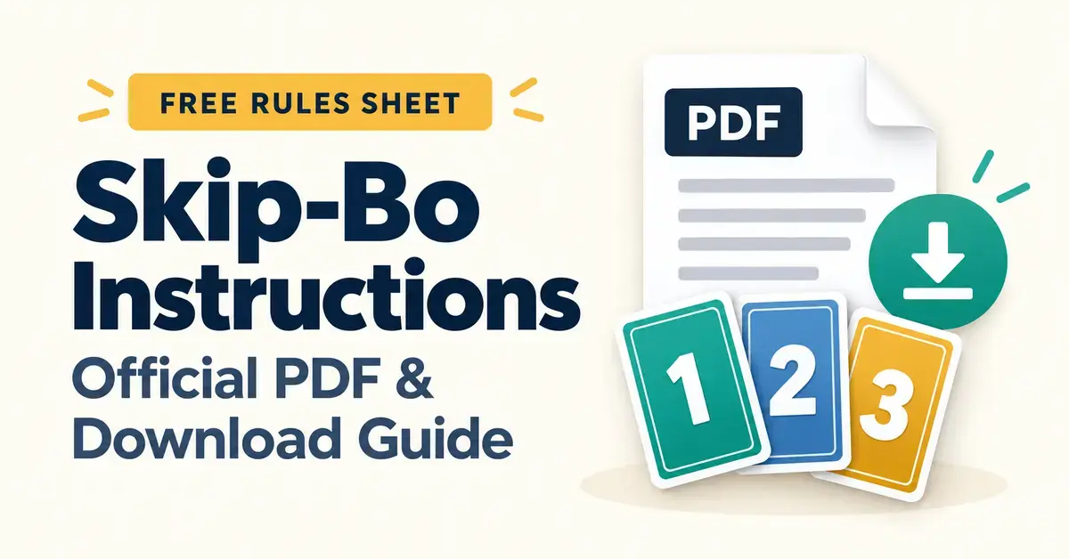 Skip-Bo instructions graphic featuring a PDF rules sheet, a download arrow, and three numbered cards beside text about the free official rules and download guide.