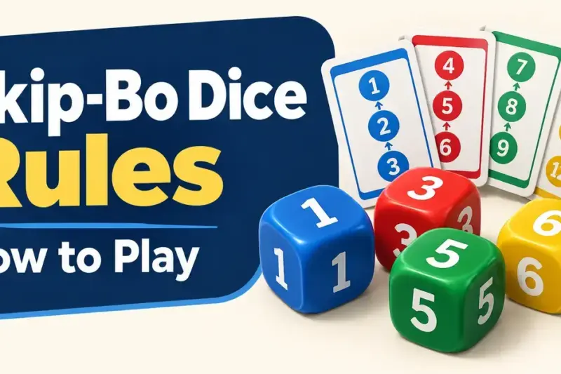 Colorful numbered dice and mission cards beside the text “Skip-Bo Dice Rules: How to Play.”