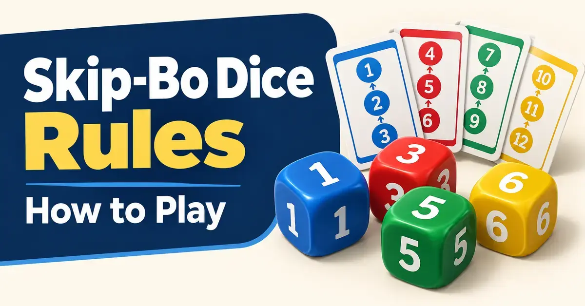 Colorful numbered dice and mission cards beside the text “Skip-Bo Dice Rules: How to Play.”