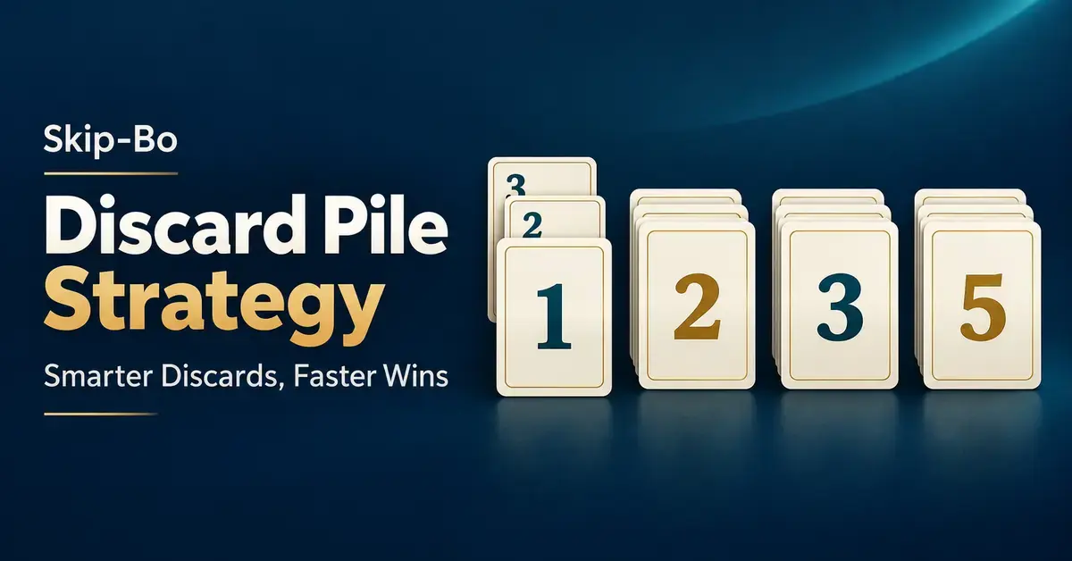 Four numbered card piles beside the title “Skip-Bo Discard Pile Strategy” illustrate organized discards for smarter play and faster wins.