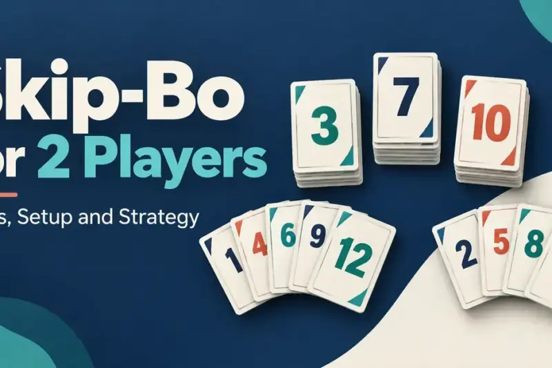 Graphic titled “Skip-Bo for 2 Players: Rules, Setup and Strategy” with two fans of numbered cards and three card stacks on a navy background.