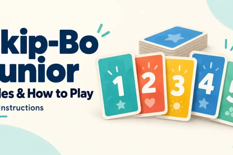 Colorful cards numbered 1 through 5 beside the title “Skip-Bo Junior Rules & How to Play” on a cream background.