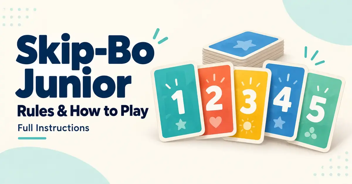 Colorful cards numbered 1 through 5 beside the title “Skip-Bo Junior Rules & How to Play” on a cream background.