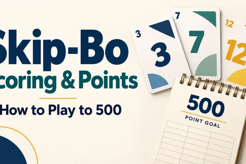 Graphic for Skip-Bo scoring featuring numbered cards, a pencil, and a scorepad displaying a 500-point goal.