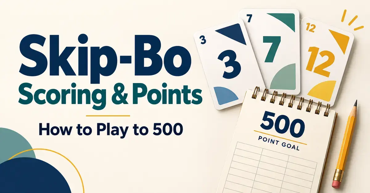 Graphic for Skip-Bo scoring featuring numbered cards, a pencil, and a scorepad displaying a 500-point goal.