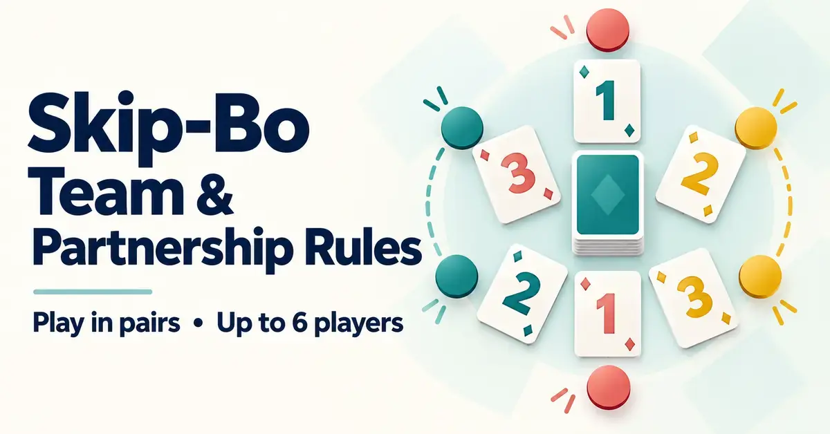 Skip-Bo team and partnership rules graphic featuring numbered cards and six player markers in three color-matched pairs.