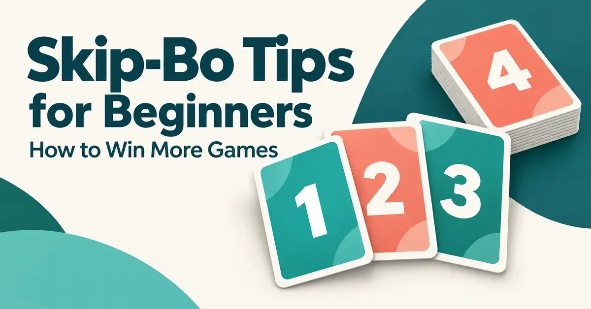 Graphic for Skip-Bo beginner tips featuring teal and coral cards numbered 1, 2, and 3 beside a stock pile topped with a 4 and the title “Skip-Bo Tips for Beginners: How to Win More Games.”