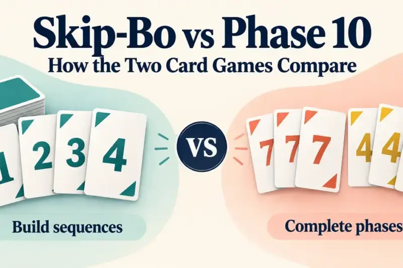 A side-by-side comparison of Skip-Bo and Phase 10 shows ascending numbered cards for building sequences and matching card sets for completing phases.