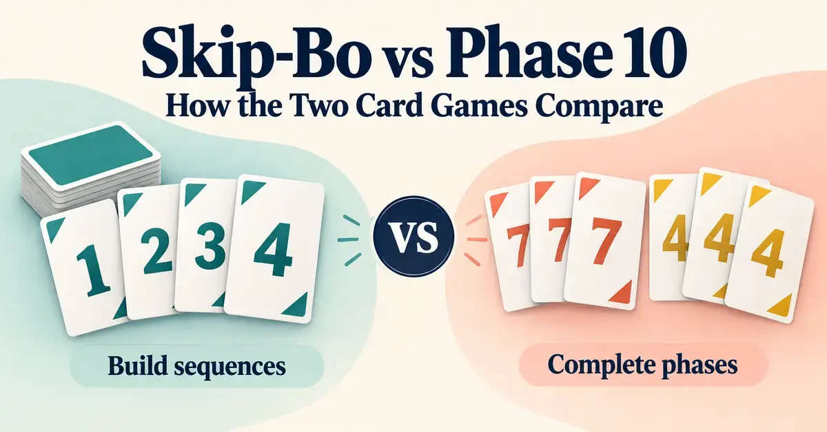 A side-by-side comparison of Skip-Bo and Phase 10 shows ascending numbered cards for building sequences and matching card sets for completing phases.