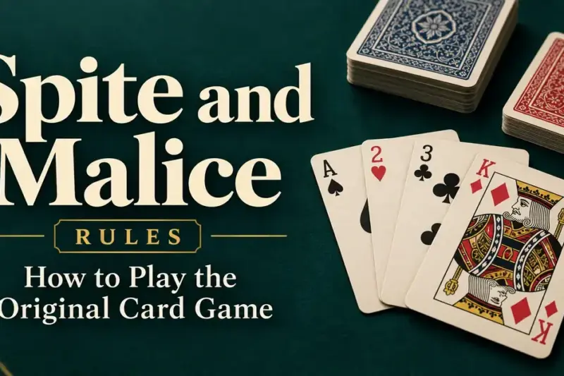 Spite and Malice rules graphic with two decks and a fan of standard playing cards on a dark teal background.