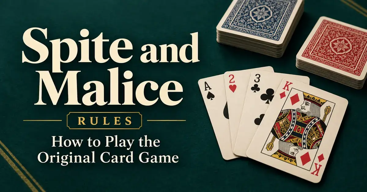 Spite and Malice rules graphic with two decks and a fan of standard playing cards on a dark teal background.
