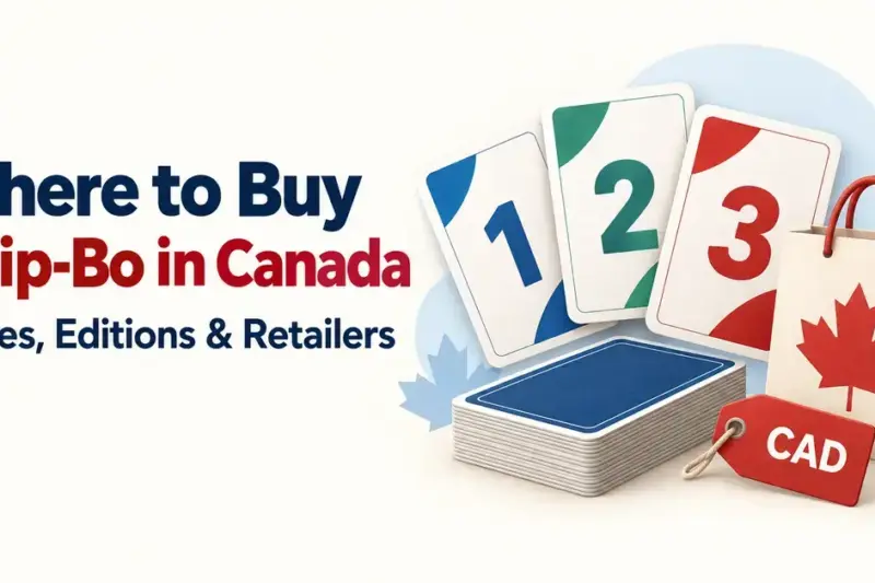Numbered cards, a maple leaf shopping bag, and a CAD price tag illustrate a guide to buying Skip-Bo in Canada, including prices, editions, and retailers.