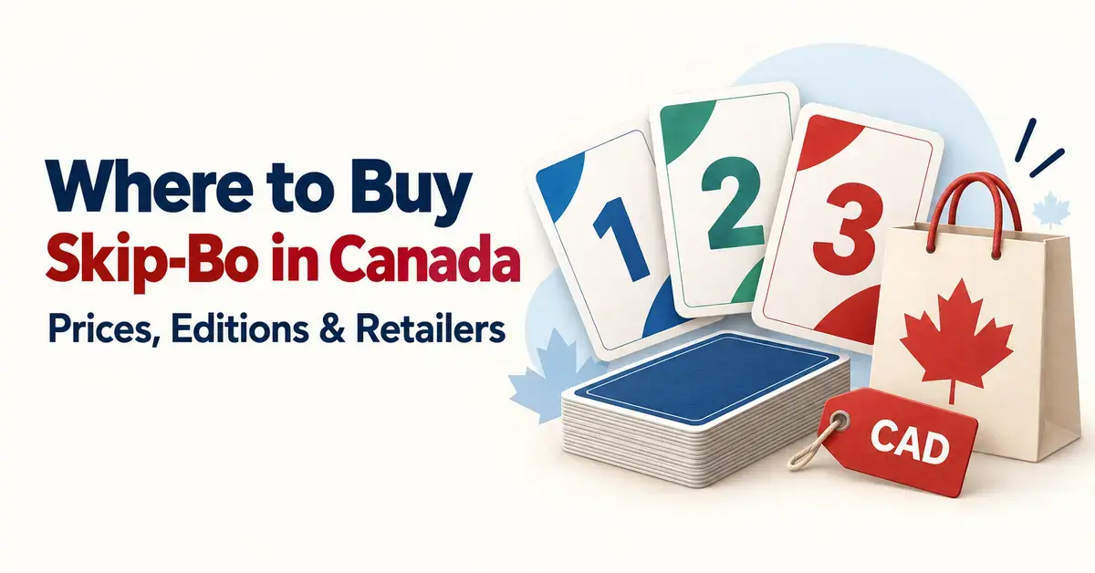 Numbered cards, a maple leaf shopping bag, and a CAD price tag illustrate a guide to buying Skip-Bo in Canada, including prices, editions, and retailers.